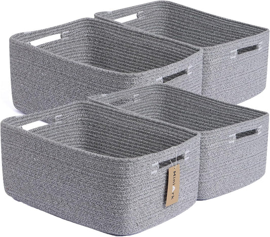 Large Storage Baskets for Organizing, Closet Shelf Baskets for Clothes Blanket Towels, Baby Nursery, Toy Bins Box, Woven Rope Baskets, 17 x 13 x 7.5”, 4 Packs Mixed Grey