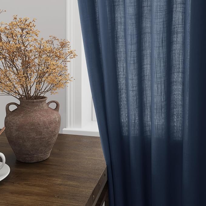 Denim Blue Linen Curtains 102 Inches Long Rod Pocket Back Tab Drapes 2 Panels Set for Living Room Sheer Light Filtering Semi Sheer Denim Blue Curtain 102 Length for Patio Sliding Glass Door 52x102