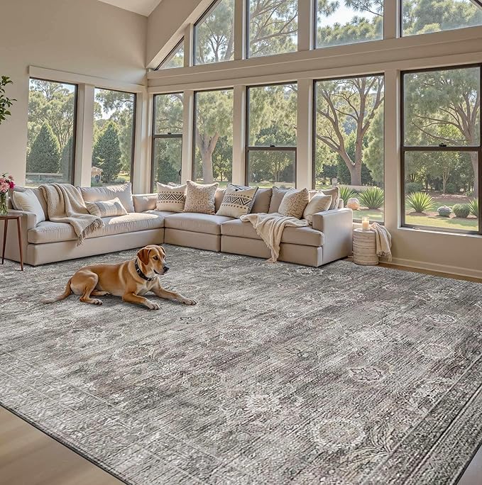 Rugxara 9x12 Area Rugs for Living Room Bedroom, Large Washable Rug, Grey Vintage Retro Boho Rug, Non Slip & Low Pile Faux Wool Thin Carpet for Indoor Dining Room and Kids Room(Taupe/Grey 9x12ft)