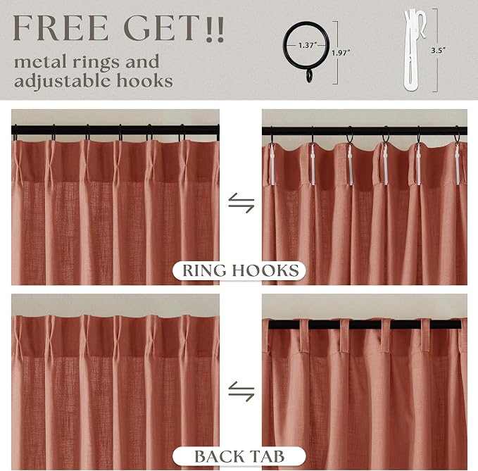 Firebrick Pleated Linen Curtains 96 Inches Long for Living Room 2 Panel Set Semi Sheer Light Filtering Pinch Pleat with Rings Hooks Drapes Farmhouse Rustic Terracotta Red Clay Curtain Bedroom Window
