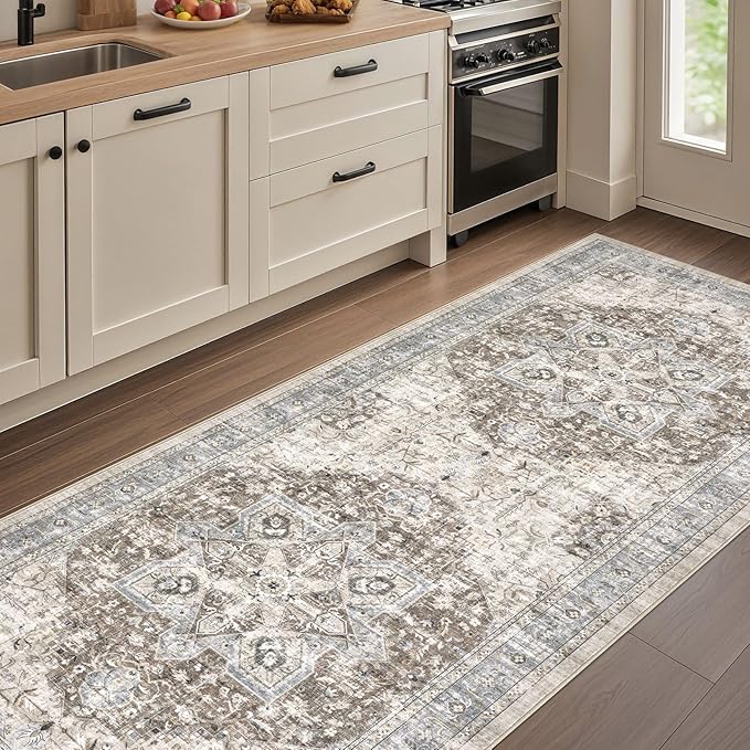 Tortania Area Rug 2x8 Runner Rugs - Washable Vintage Oriental Farmhouse Thin Indoor Carpet for Living Room Bedroom Hallway Entryway Kitchen Under Dining Table Home Office - Brown Blue
