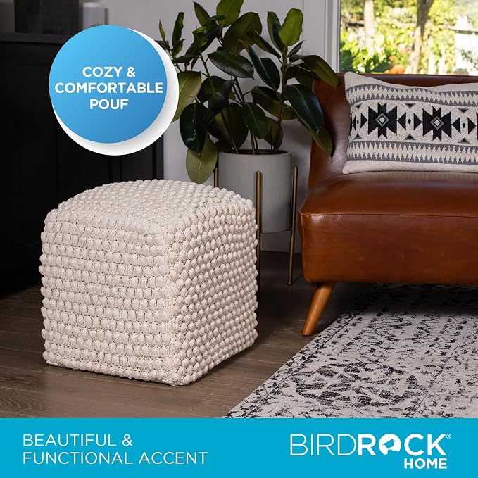 BIRDROCK HOME Square Pouf Ottoman Foot Rest - 18” Compact Comfortable Soft Cotton Knit Bean Bag Floor - Chair Foot Stool Seat for Living Room, Bedroom, or Kids Room (Natural Bud)