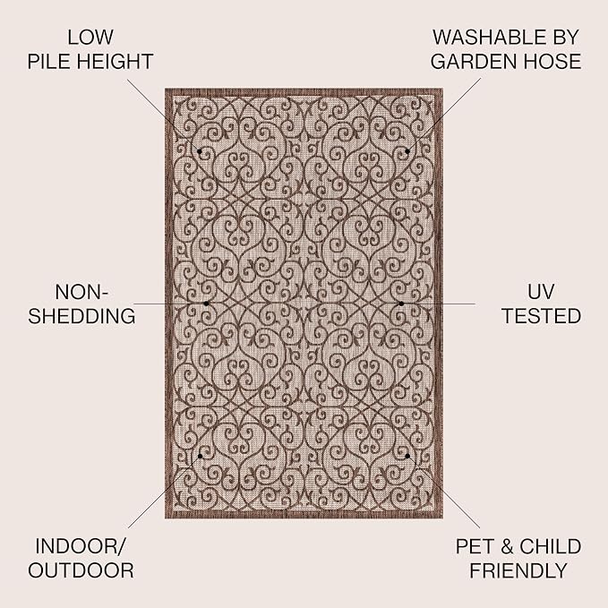 JONATHAN Y Vintage Filigree Indoor Outdoor Square Area Rug 5X5 Taupe/Espresso, Madrid Textured Weave for Backyard, Patio, Porch, Easy-Cleaning, High Traffic, Pet-Friendly, Non-Shedding (SMB107C-5SQ)