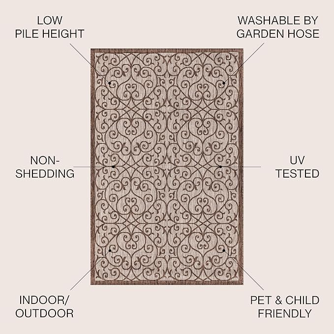 JONATHAN Y Vintage Filigree Indoor Outdoor Area Rug 5X8 Taupe/Espresso, Madrid Textured Weave for Backyard, Patio, Porch, Easy-Cleaning, High Traffic, Pet-Friendly, Non-Shedding (SMB107C-5)