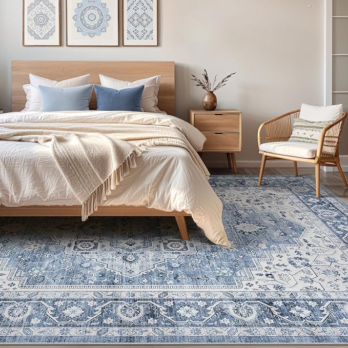 7x10 Area Rug Living Room: Washable Boho Large Neutral Vintage Soft Rug Stain Resistant Farmhouse Non-Slip Indoor Floor Retro Carpet for Bedroom Nursery Kids Office Dining Room- Blue Gray