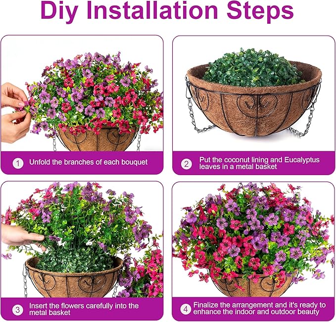 HyeFlora 2 Set Artificial Outdoor Flowers Hanging Basket, Faux Hanging Plants for Outside Spring Decoration, Fake Silk UV Resistant Look Real Daisy for Porch Patio Home Decor