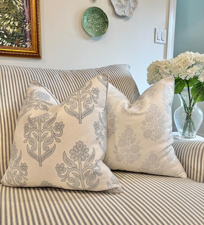 Jillien Harbor “The Patty” Floral Block Print Pillow Cover – Neutral Gray Decorative Throw Pillow Cover with White Background – Grandmillennial Home Decor, 20" x 20"