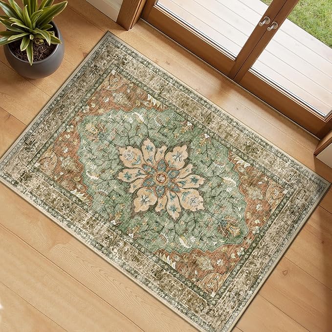 RELEANY Area Rugs 2'6''x4' Kitchen Rugs Entry Rug Small Rugs for Entryway Kitchen Bathroom Door Mat Indoor Entrance,Washable Non Slip, Brick Red Rust Neutral Brown Burnt Orange Green