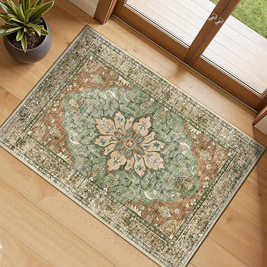 RELEANY Area Rugs 2'6''x4' Kitchen Rugs Entry Rug Small Rugs for Entryway Kitchen Bathroom Door Mat Indoor Entrance,Washable Non Slip, Brick Red Rust Neutral Brown Burnt Orange Green