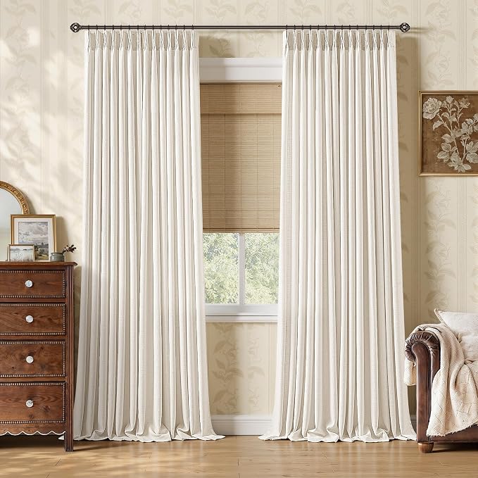 105 Inches Long Pleat Linen Curtains for Bedroom 2 Panels Light Filtering Sheer Neutral Linen Blend Window Drapes Farmhouse Boho Back Tab Pinch Pleated Curtains 105 Inch Length for Living Room Patio
