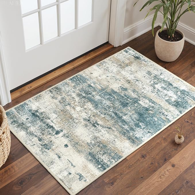 BEIMO 2x3 Rugs for Entryway Entrance Kitchen Bathroom, Machine Washable Modern Abstract Soft Area Rug, Low Pile Indoor Floor Carpet with Non Slip Backing, Navy Beige