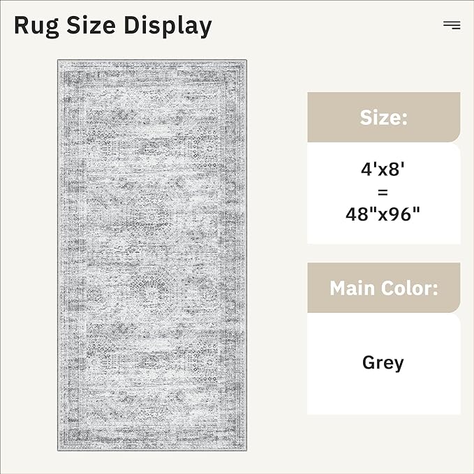 Soalmost Hallway Runner Rug 4x8 Wide: Washable Thin Runners for Hallways Entry, Non Slip Soft Vintage Kitchen Area Rugs for Living Room Bedroom Dining Room Foyer (Grey, 4x8)