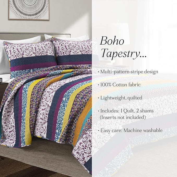 Lush Decor Boho Stripe Reversible Cotton Quilt 3-Piece Set, Full/ Queen, Plum & Yellow - Bold Colorful Bohemian Bedding Set