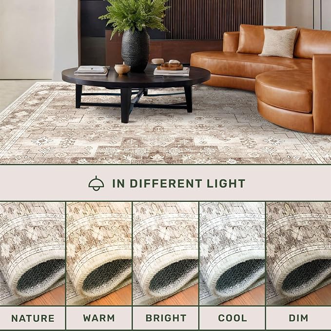Hazo Haus Washable Neutral Farmhouse Living Room Rug, 5x7 Area Rugs for Bedroom, Nursery Room, Boho Vintage Floral Non-Slip Rug Low Pile Stain Resistant (5x7 Beige/Latte)