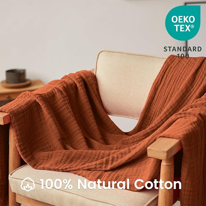 FALUCA Cotton Muslin Throw Blanket 50x60 Inches for Bed, Couch, Knit Woven Gauze Blanket, Soft Lightweight Cozy Breathable Farmhouse Decoration for All-Season, Caramel