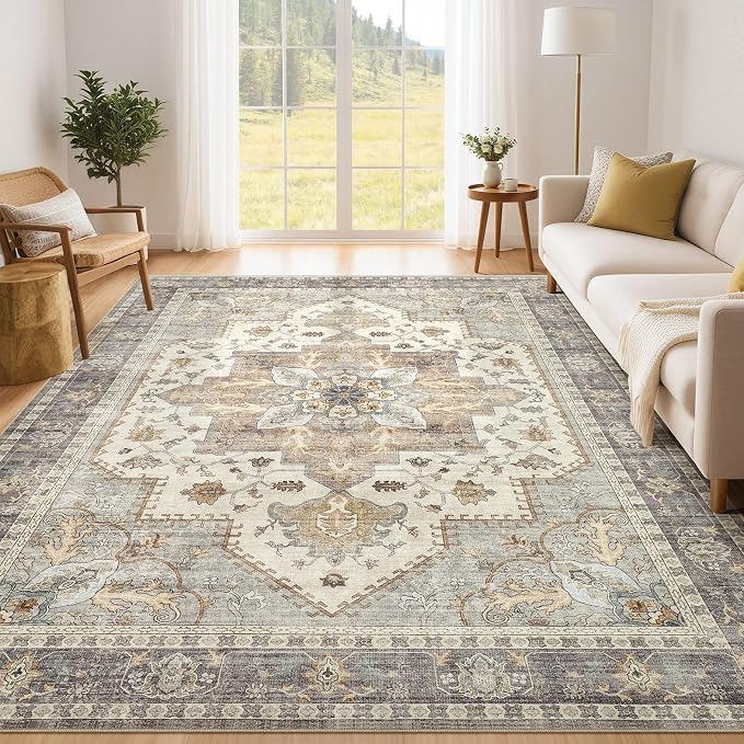 Tortania Area Rug Living Room Rugs - 6x9 Washable Boho Rug Vintage Oriental Distressed Farmhouse Large Thin Indoor Carpet for Living Room Bedroom Under Dining Table Home Office - Greige