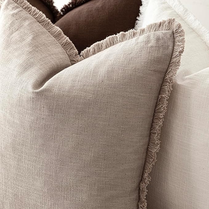 Foindtower Set of 2 Decorative Linen Fringe Throw Pillow Covers Farmhouse Cushion Cover with Tassels Soft Accent Pillowcase for Couch Chair Sofa Bed Living Room Home Decor,16×16 Inch,Natural Linen