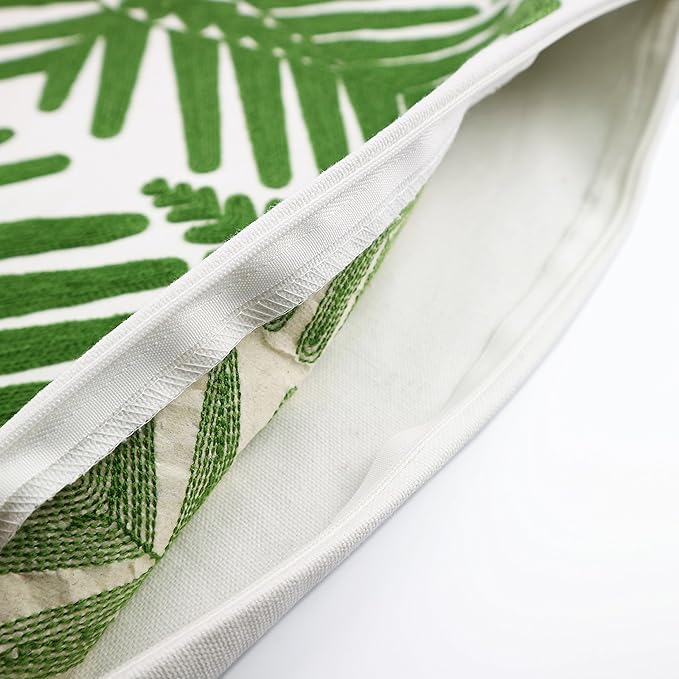 Embroidery Throw Pillow Cover 18x18 Decor Tropical Leaves Floor Pillow Cover for Couch Chair Bed Room 100% Cotton Cushion Cover 45x45cm Pillowcase, Green Leaf Plant Embroidered, Pack of 4
