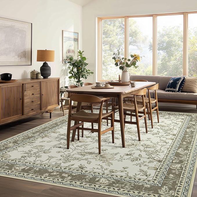 Taupe Boho Living Room Rug 5x8, Washable Low Pile Non Slip Area Rugs for Bedroom, Dining Room, Office, Farmhouse Retro Carpet Indoor Grey Beige Tan Pattern Aesthetic Sketch Style Vintag Room Decor