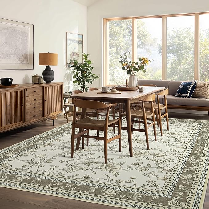 Large Neutral Beige Area Rug 10x12 for Living Room Earth Tone Cream Taupe Tan Pattern Modern Boho for Bedroom Soft Vintage Area Rug Farmhouse Floral Carpet for Dining Room Guest Bedroom Home Decor