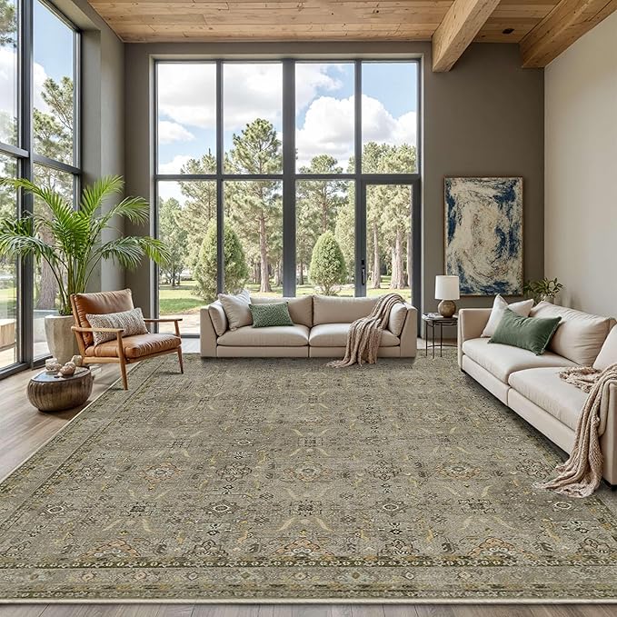 Rugxara 9x12 Area Rugs for Living Room Bedroom, Large Washable Rug, Vintage Floral Boho Rug, Non Slip & Low Pile Faux Wool Thin Carpet for Indoor Dining Room and Kids Room(Olive Brown 9x12ft)