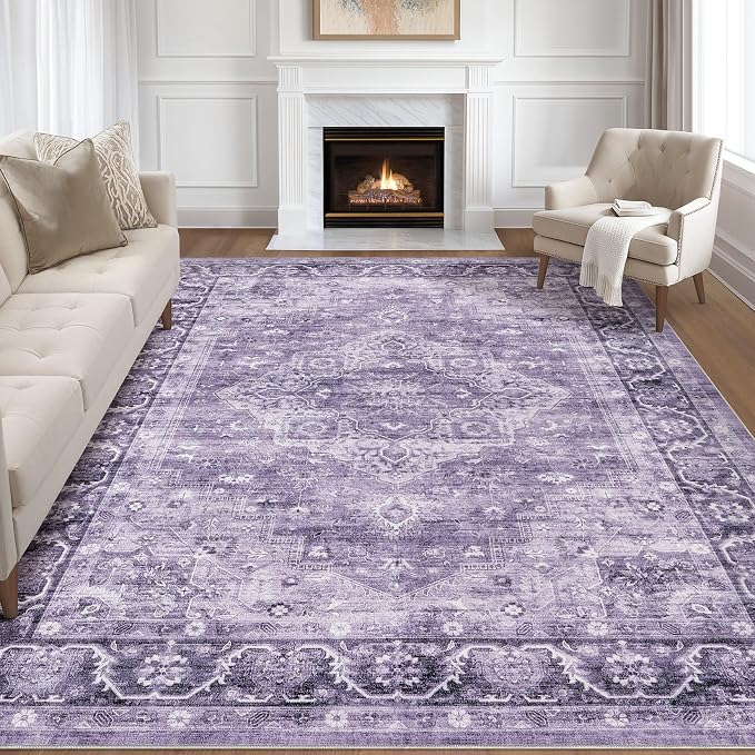 8x10 Area Rugs Living Room: Washable Boho Large Neutral Vintage Soft Rug Stain Resistant Farmhouse Non-Slip Indoor Floor Carpet for Bedroom Nursery Kids Playroom Office Dining Room- Purple