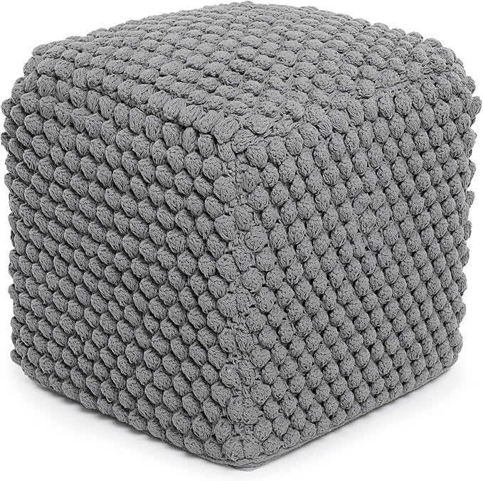 BIRDROCK HOME Square Pouf Ottoman Foot Rest - 18” Compact Comfortable Soft Cotton Knit Bean Bag Floor - Chair Foot Stool Seat for Living Room, Bedroom, or Kids Room (Grey Bud)