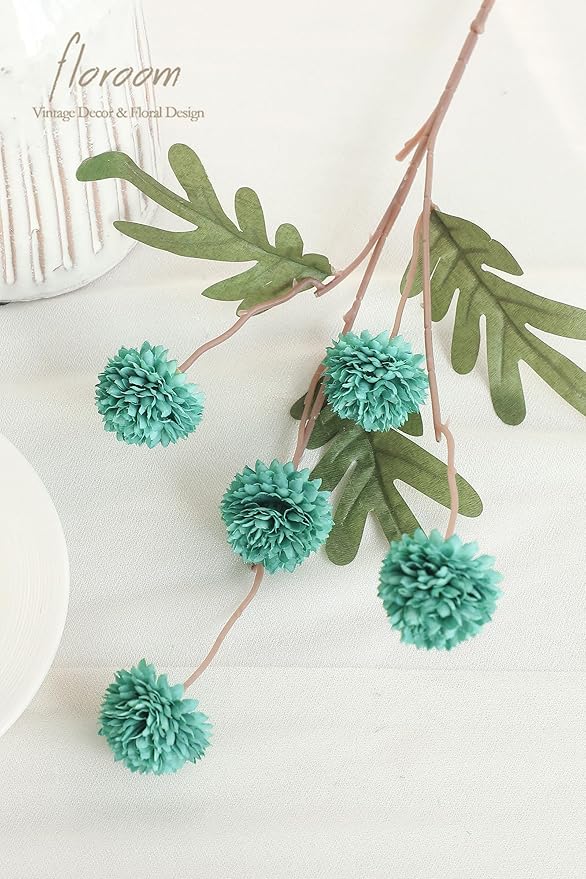 Floroom 5pcs Teal Green Faux Silk Mums Artificial Flowers, Bulk Fake Small Mini Chrysanthemums with Stems for DIY Wedding Centerpieces Floral Arrangements Vase Fillers Home Decorations