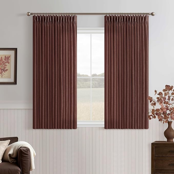 Pinch Pleated Short Linen Curtains 45 Inches Long 2 Panels Light Filtering Memory Trained Red Brick Curtain for Kitchen Bedroom Small Window 45 Inch Semi Sheer Privacy Linen Blend Cafe Drapes 50x45