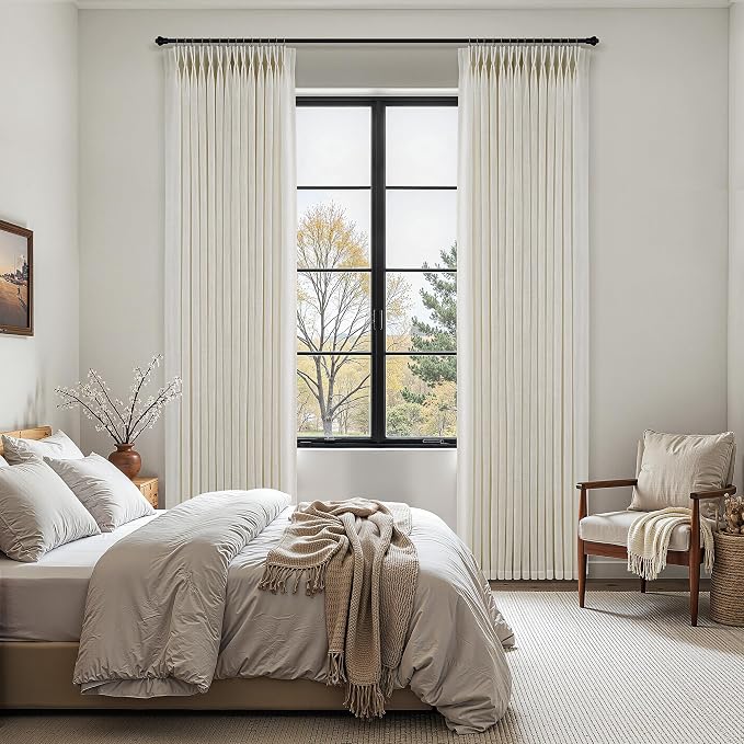 Pinch Pleated Thick Linen Curtains 120 Inch Length 2 Panels Set for Living Room Warm Beige Neutral Pleated Curtains Semi Sheer Light Filtering Privacy Bedroom Window Drapes