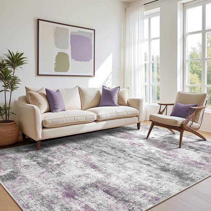 BEIMO Area Rugs 8x10 for Living Room Bedroom, Modern Abstract Machine Washable Rug, Large Soft Low Pile Floor Carpet with Non Slip Backing for Dining Room, Grey/Purple