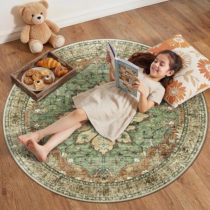 RELEANY Area Rugs 4ft Washable Non-Slip, Floral Vintage Distress Print Pattern Medallion Carpet for Living Room Bedroom Dining Room, Brick Red Rust Neutral Brown Burnt Orange