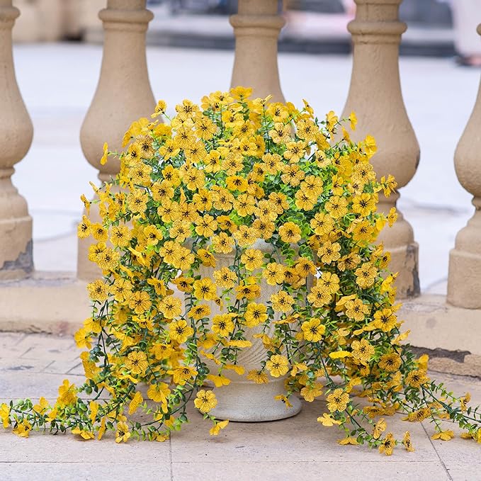 Ammyoo Artificial Hanging Flowers for Outdoors Faux Plants Decoration, 2 Packs Fake Silk Daisy Flower Realistic Outdoor Flowers UV Resistant Porch Patio Window Yard Outside Decor(Yellow)