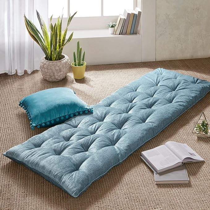 Intelligent Design Edelia Foldable Poly Chenille Light Weight Lounge Floor Pillow Cushion Tufted Seat for Meditation, Game Playing, Yoga, Reading with Travel Wrap, 74x27, Aqua