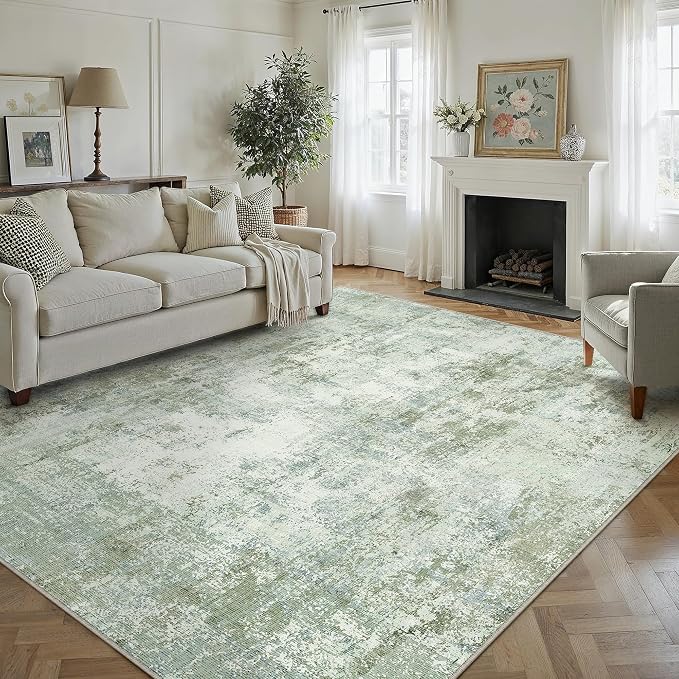 9x12 Washable Area Rug Sage Green Abstract Non Slip Soft Low Pile Rug for Living Room Bedroom Dining Room Office Neutral Modern Indoor Large Throw Carpet for Home Decor