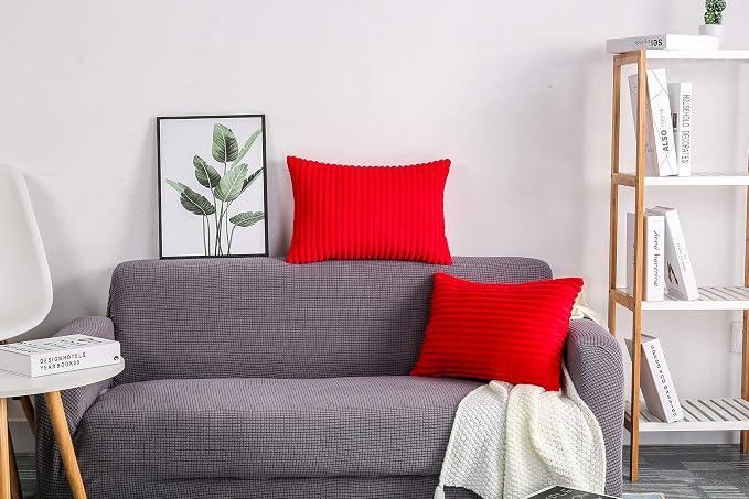 TangDepot Velvet Big Corduroy Pillow Covers 12x20 Red 2-Pack | Soft wide-stripe corduroy pillow cover, hidden zipper, machine washable, easy refresh, for bedroom living room indoor outdoor