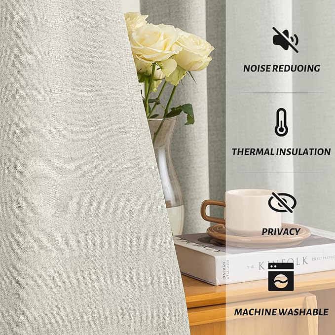 Yakamok Cream Linen Curtains 100% Blackout 63 Inches Long,Room Darkening Textured Curtains for Living Room Thermal Grommet Bedroom Curtain 2 Panels with Greyish White Liner
