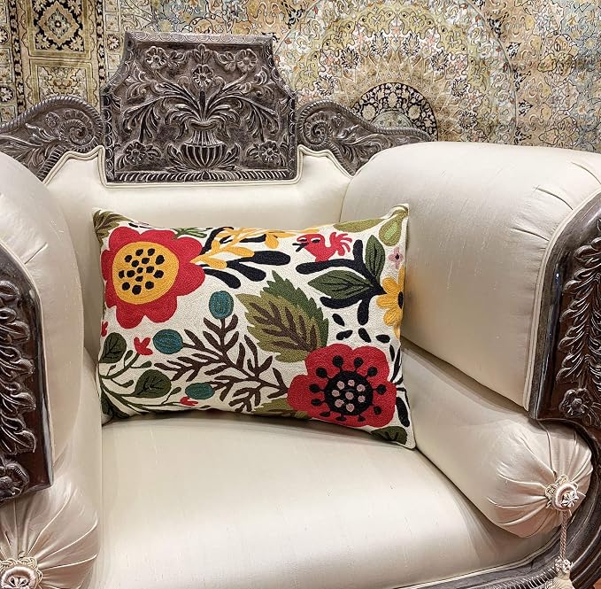 Lumbar Cushion Cover Hand Embroidered Wool 13x21 (Red Floral Lumbar Pillow Cover)