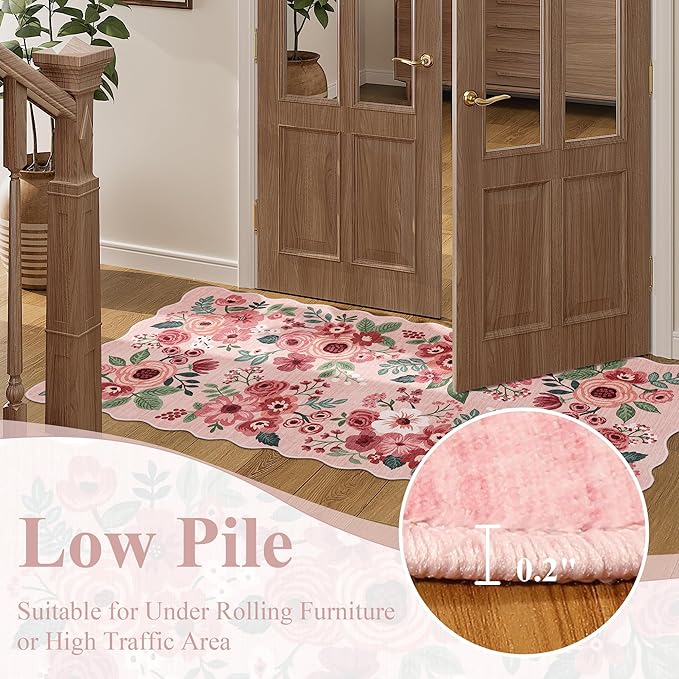 DUKINO 2x8 Washable Runner Rug, Lightweight Soft Floral Hallway Rug Runner with Low Pile Design, Non Shedding & Non Slip Backing Thin Indoor Carpet for Bedroom, Bathroom, Entrance, Kitchen, Pink