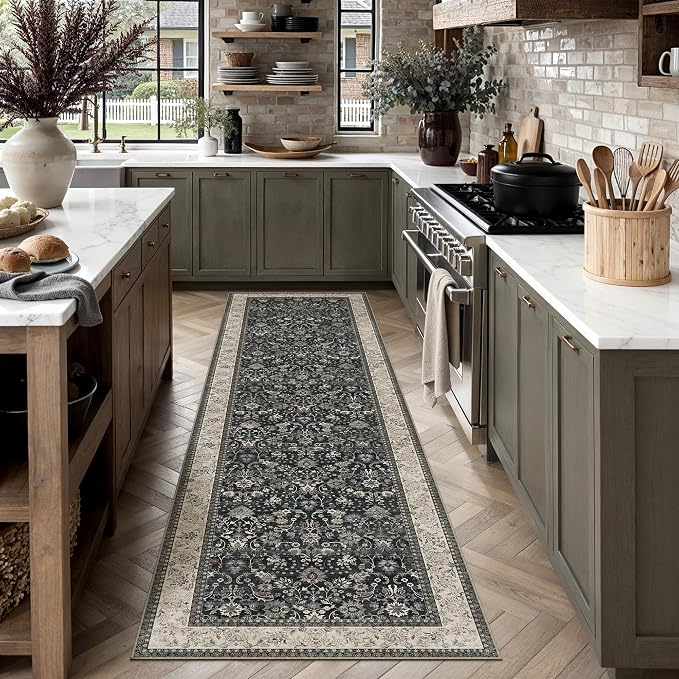 HUGEAR 2x8 Runner Rug Machine Washable Black Beige Hallway Area Rug Indoor Accent Rugs Floral Low Pile Carpet Soft Throw Rugs Bedroom Living Room Office Dining Kitchen Laundry Non Slip