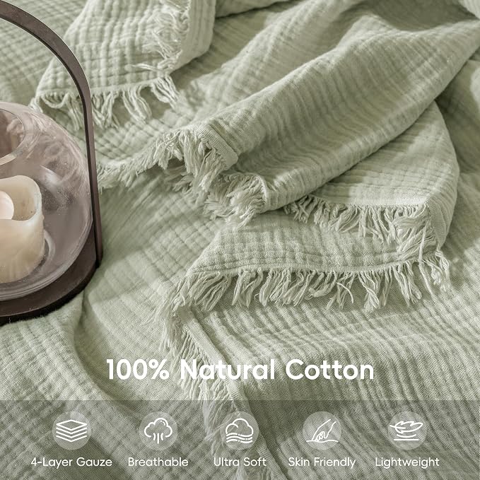 Muslin Fringe Blankets for Adults: 100% Cotton Cloud Soft | 4-Layer Gauze Breathable Lightweight All Season Throw Blanket for Bed Couch Sofa Office