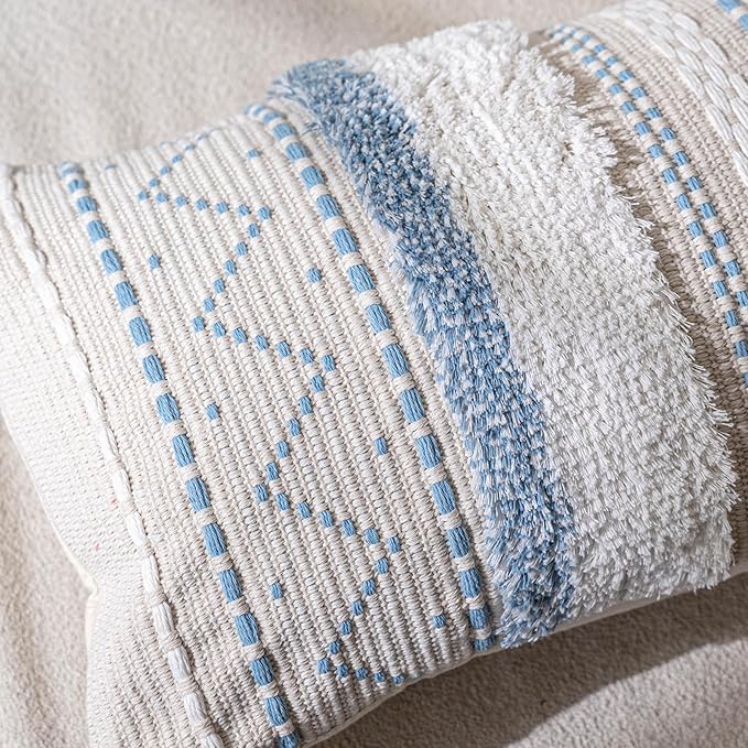 BlissBlush 18X18 Throw Pillow Cover, Coastal Blue Square Decorative Cushion Cover, Boho Accent Pillowcase with Tassels for Couch Sofa Living Room (Cover Only)