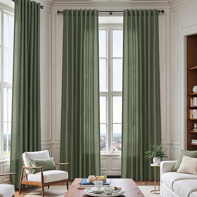 136 Inch Extra Long Curtain for Floor to Ceiling High Window Olive Green Linen Back Tab Curtains for Living Room Filtered and Breathable Semi Sheer Drapes Modern Farmhouse Boho Decor 52x136,2PCS