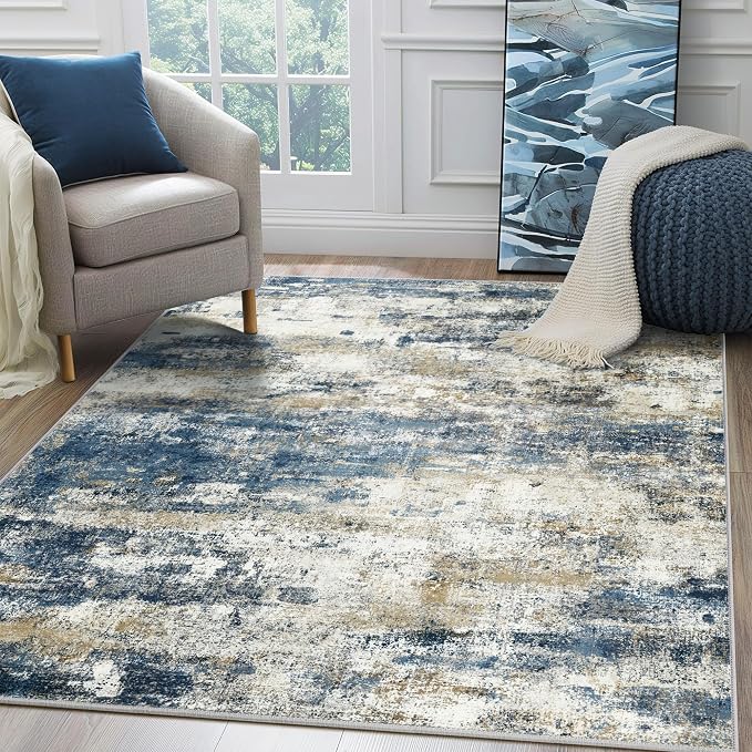 BEIMO Area Rugs 5x8 for Living Room Bedroom, Modern Abstract Machine Washable Rug, Large Soft Low Pile Floor Carpet with Non Slip Backing for Dining Room, Navy Blue Beige