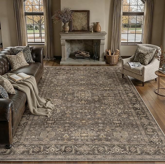 7x9 Washable Area Rug for Living Room Bedroom Vintage Brown Carpet Soft Low Pile Traditional Retro Non Slip Throw Rug for Dining Room Entryway Indoor Dorm Kitchen