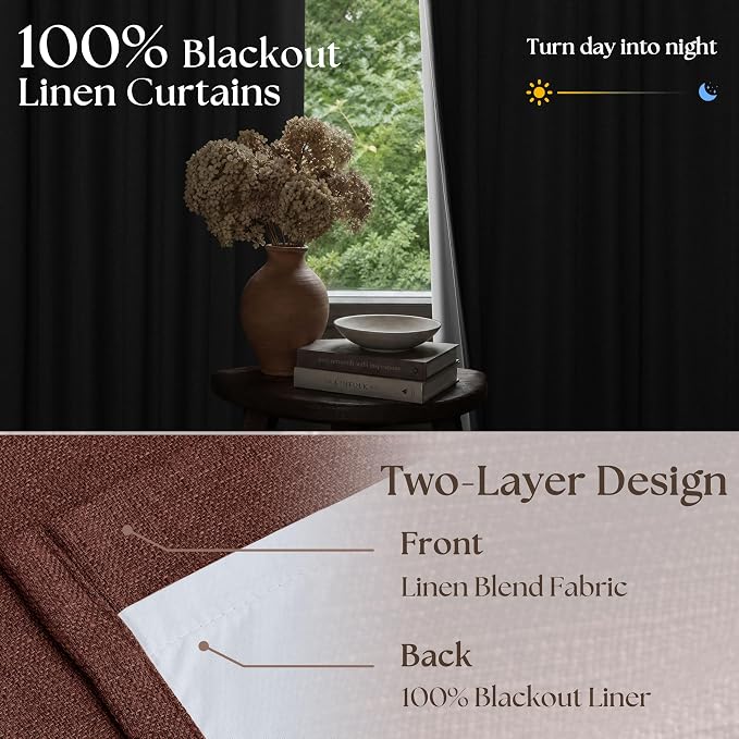 Chestnut Brown Pleated Linen Blackout Curtains 84 Inches Long for Bedroom Living Room Pinch Pleat Black Out Thermal Insulated Ring Hooks Back Tab Room Darkening Drapes Maroon Curtains with Liner