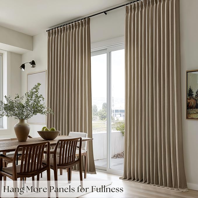 Dark Brown Pinch Pleated Linen Curtains 108 Inches Long for Living Room with Hooks Rings Back Tab Pinch Pleat Drapes for Track System Light Filtering Semi Sheer 108 Inch Curtains for Dining Bedroom