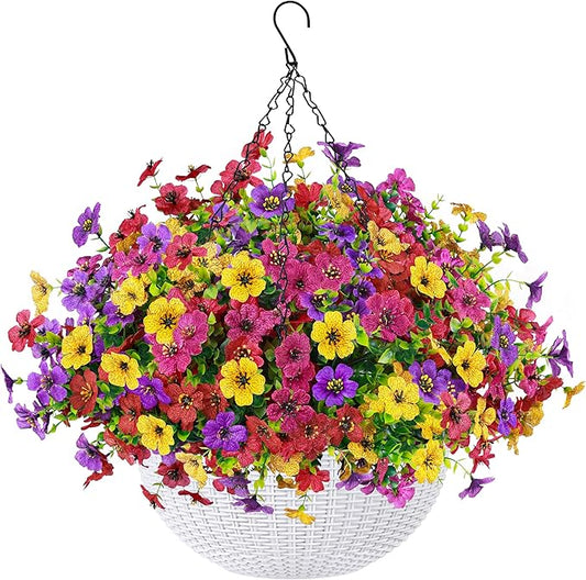 Der Rose Artificial Hanging Flowers Basket for Faux Plants Outdoors UV Resistant Fake Hanging Spring Flowers in Basket for Patio Balcony Farmhouse Outside Decor
