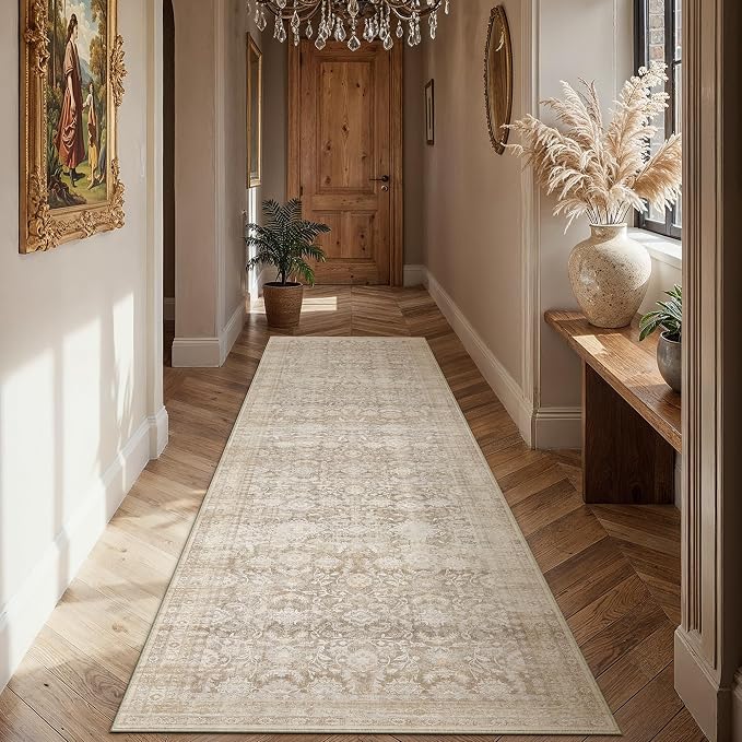 2.6x8 Beige Washable Neutral Area Rug for Living Room Floral Non Slip Low Pile Large Rug Indoor Vintage Traditional Stain Resistant Distressed Carpet Bedroom Dining Room Hallway Kitchen