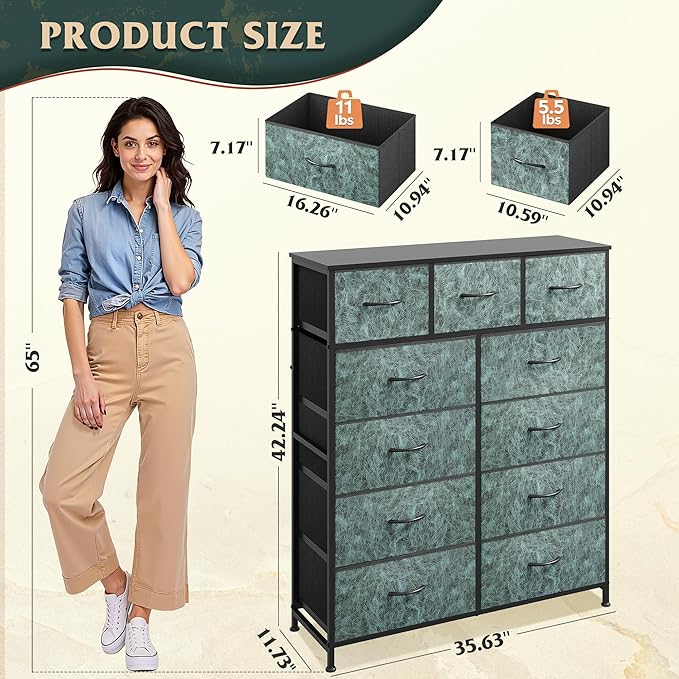 WLIVE Storage Organizer Unit with 11 Fabric Bins, Storage Drawers Organizer with Steel Frame, Tall Storage Tower Organizaton for Living Room, Hallway, Office, Vintage Green